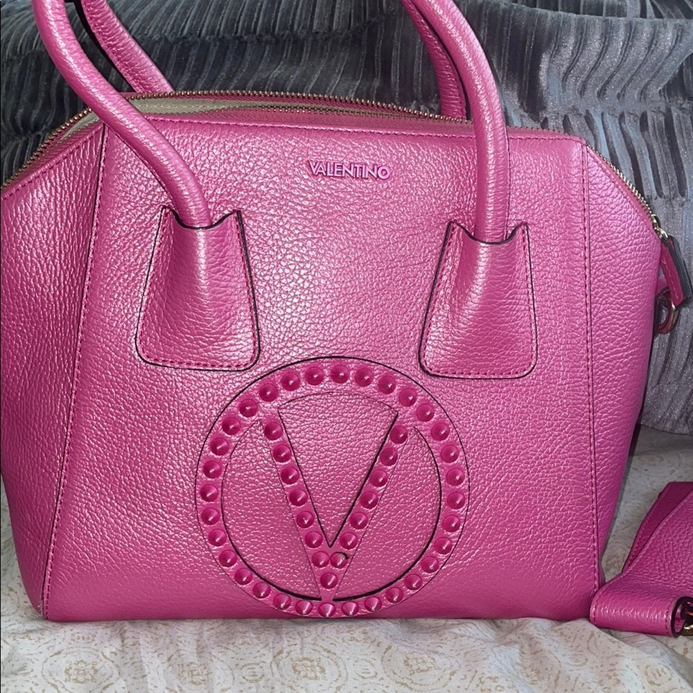 Valentino Pink Satchel with Textured Leather and Logo